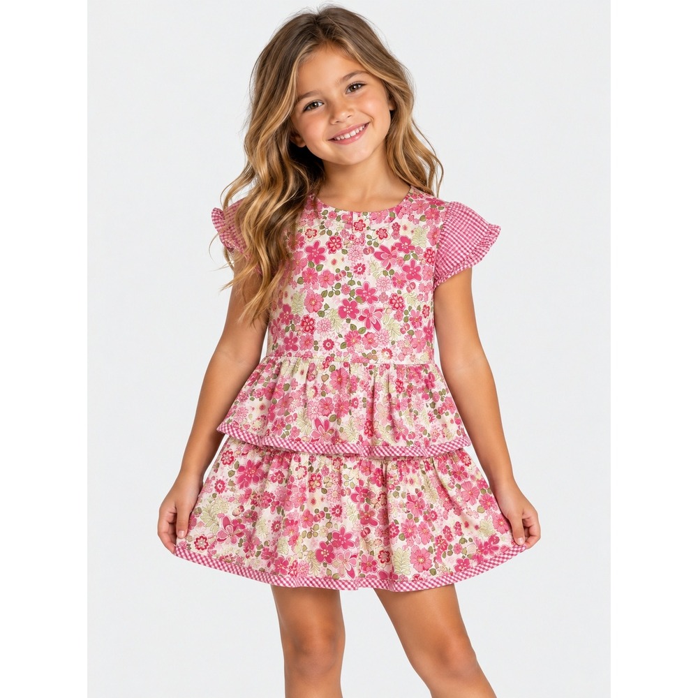Hanna Andersson Girls Pink Floral Tiered Ruffle Cotton Dress Size 130 US 8